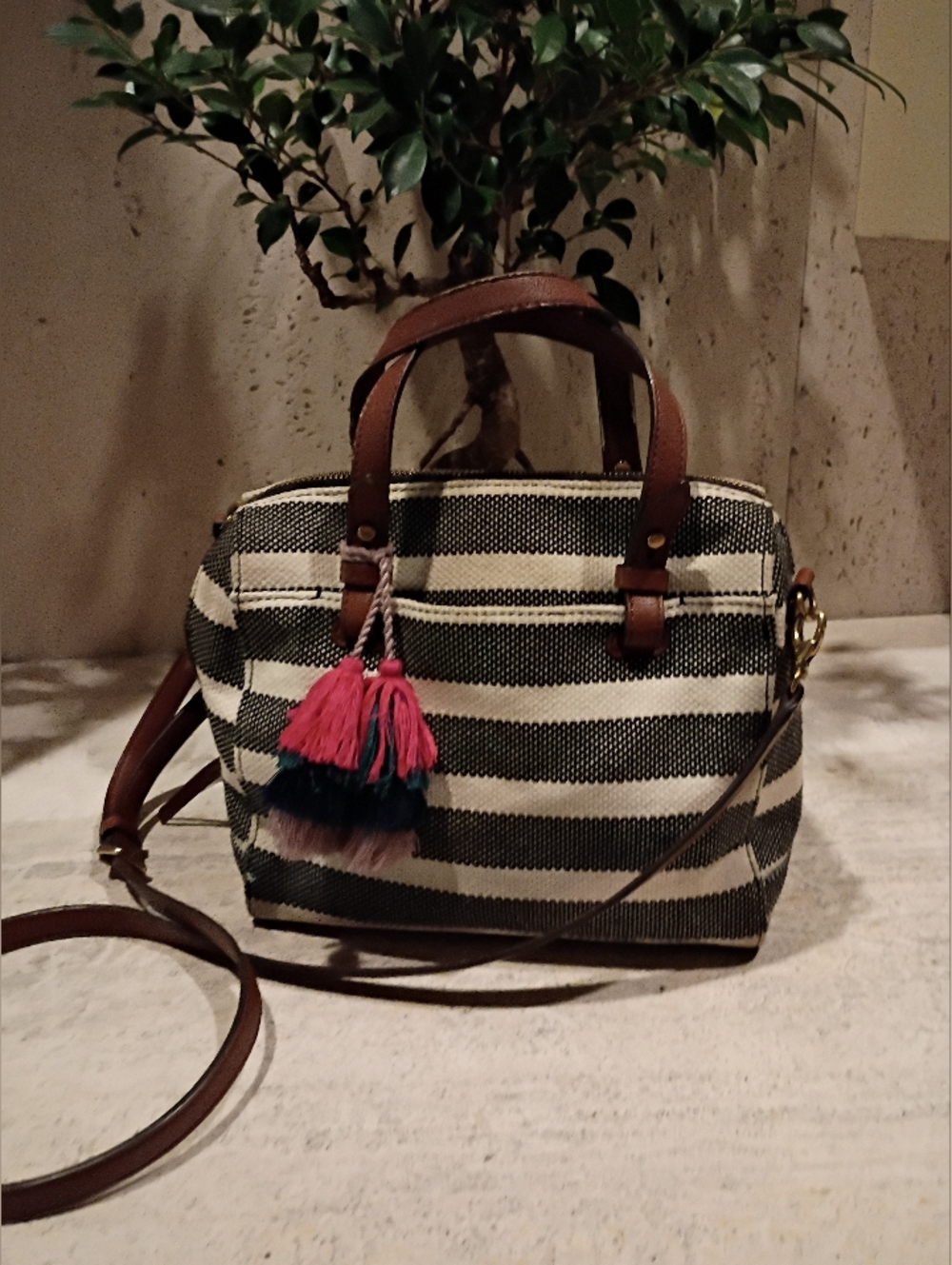 Fossil Black and Cream Striped Satchel with Brown Leather Trim